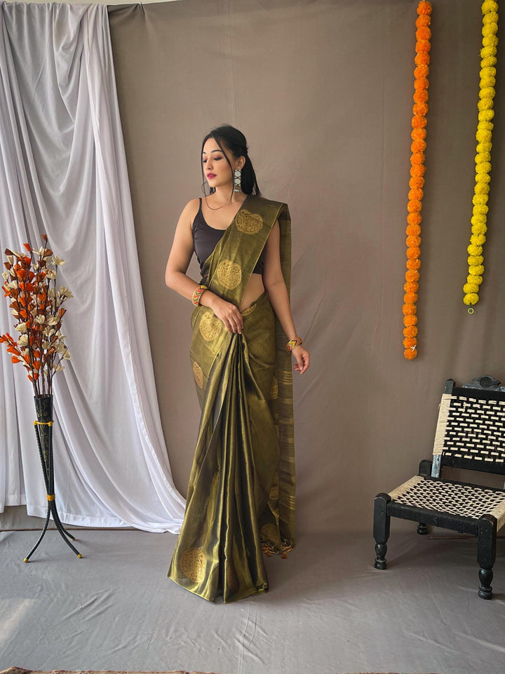 Antique Green Tissue Silk Saree - PAHRAVA