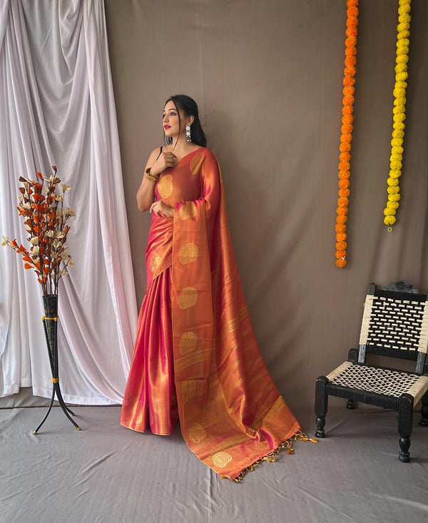 Bright Pink Tissue Silk Saree - PAHRAVA