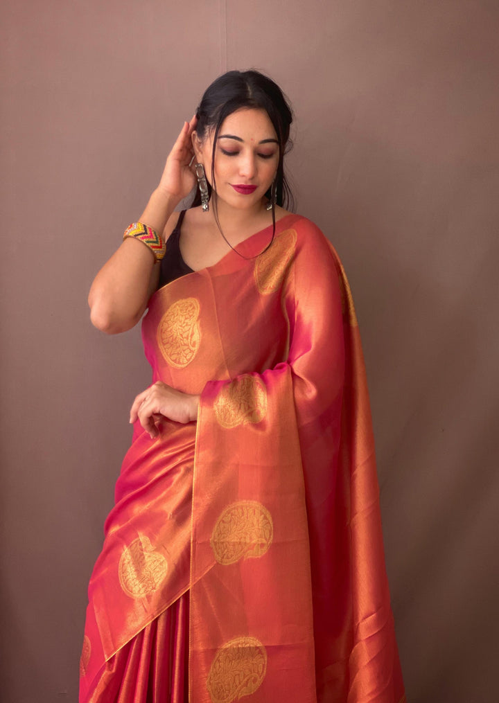 Bright Pink Tissue Silk Saree - PAHRAVA