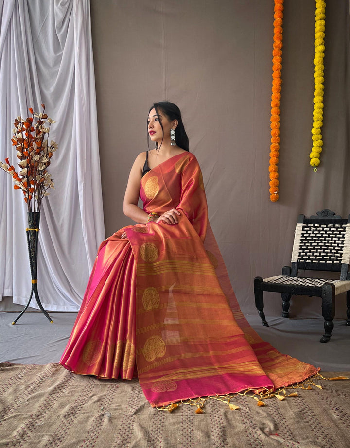 Bright Pink Tissue Silk Saree - PAHRAVA