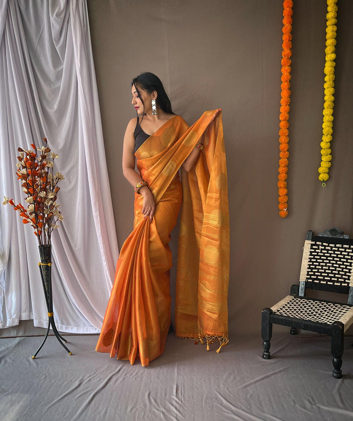 Rust Orange Tissue Silk Saree - PAHRAVA