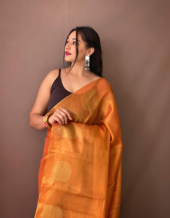 Rust Orange Tissue Silk Saree - PAHRAVA