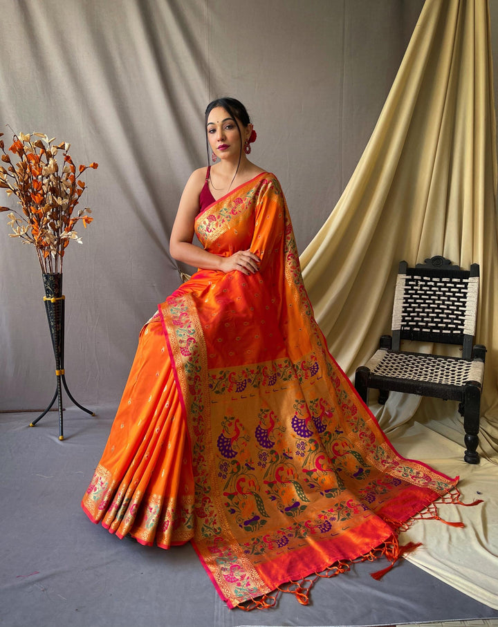 Sunrise Orange Paithani Soft Silk Saree - PAHRAVA