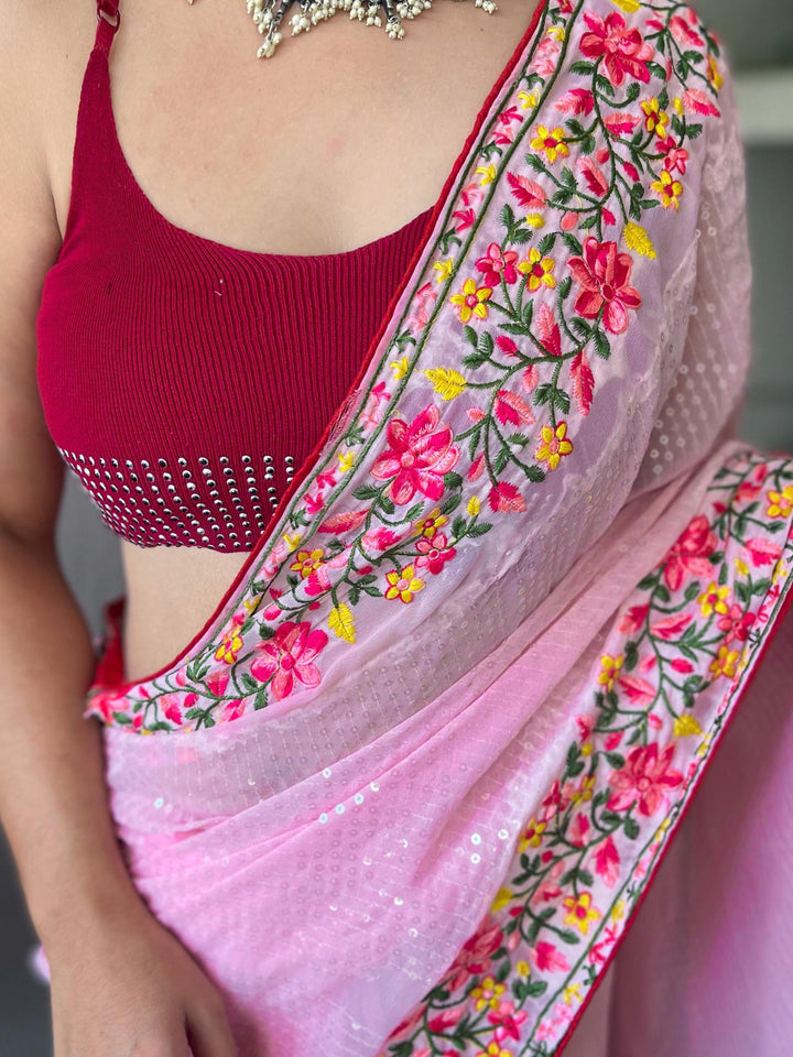 Baby pink georgette sequin saree - PAHRAVA