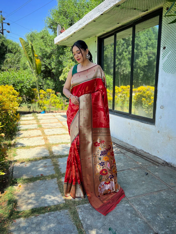 Cadmium Soft Red Paithani Silk Saree - PAHRAVA