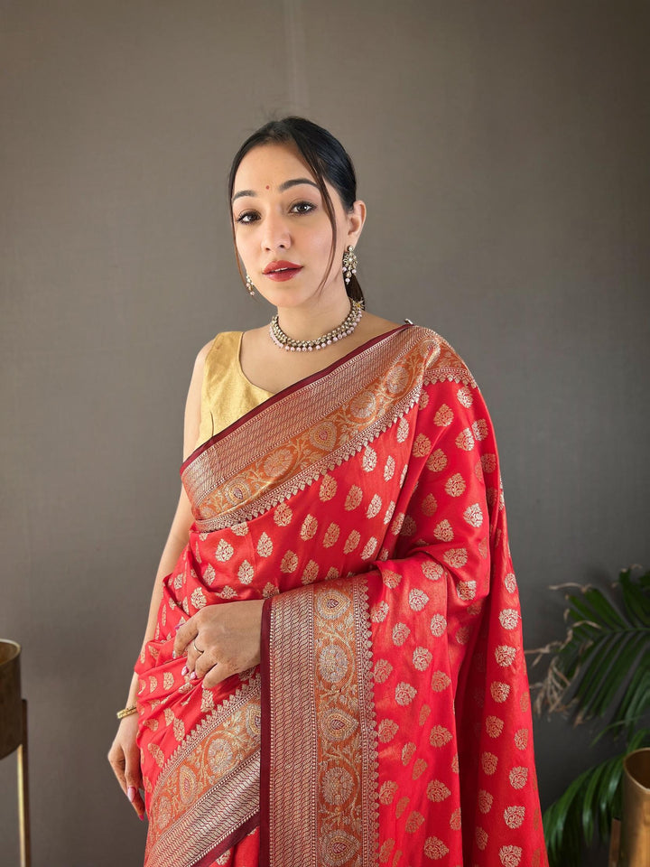 Ruby red rosy soft silk saree - PAHRAVA