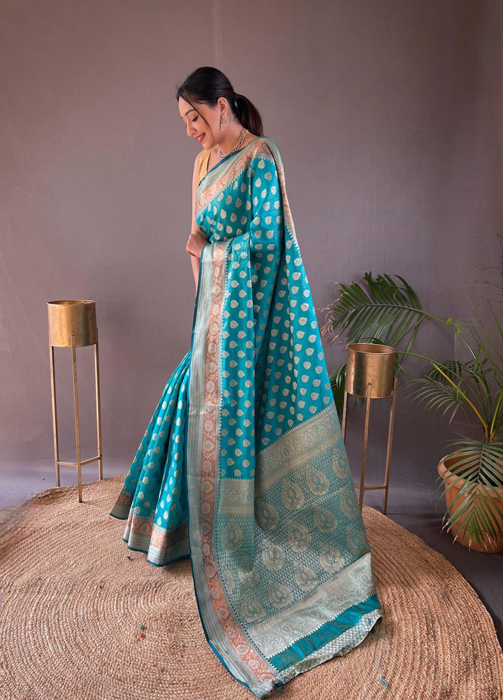 Sea blue rosy soft silk saree - PAHRAVA