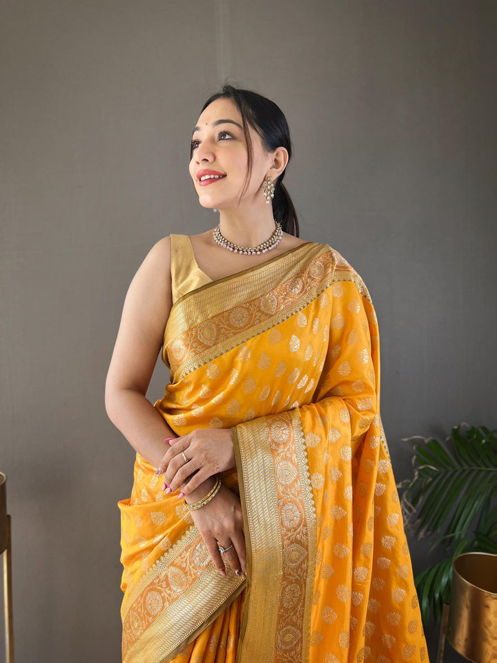 Warm yellow rosy soft silk saree - PAHRAVA