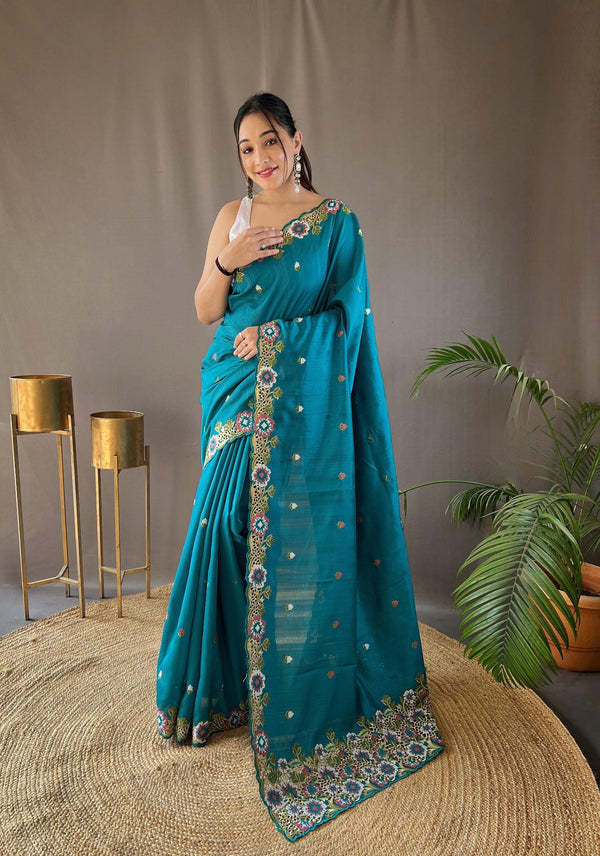 Teal Blue Pure Tussar Silk Saree - PAHRAVA