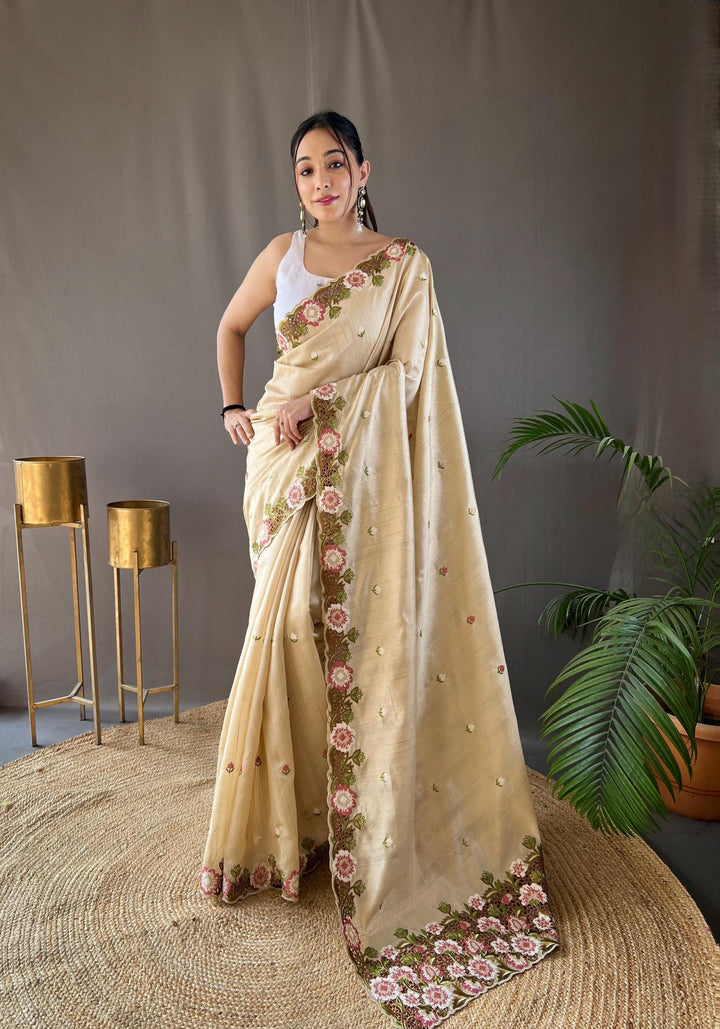 Classy Cream Pure Tussar Silk Saree - PAHRAVA