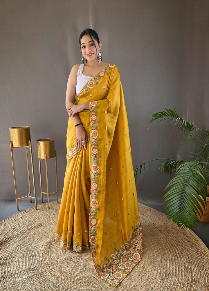 Warm Yellow Pure Tussar Silk Saree - PAHRAVA