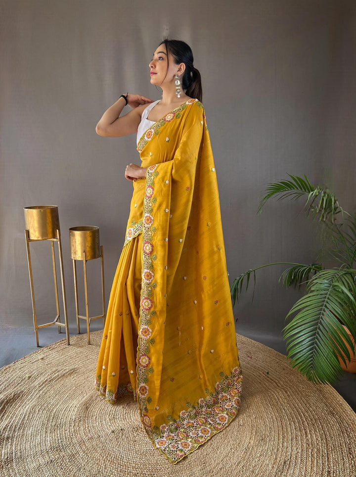 Warm Yellow Pure Tussar Silk Saree - PAHRAVA