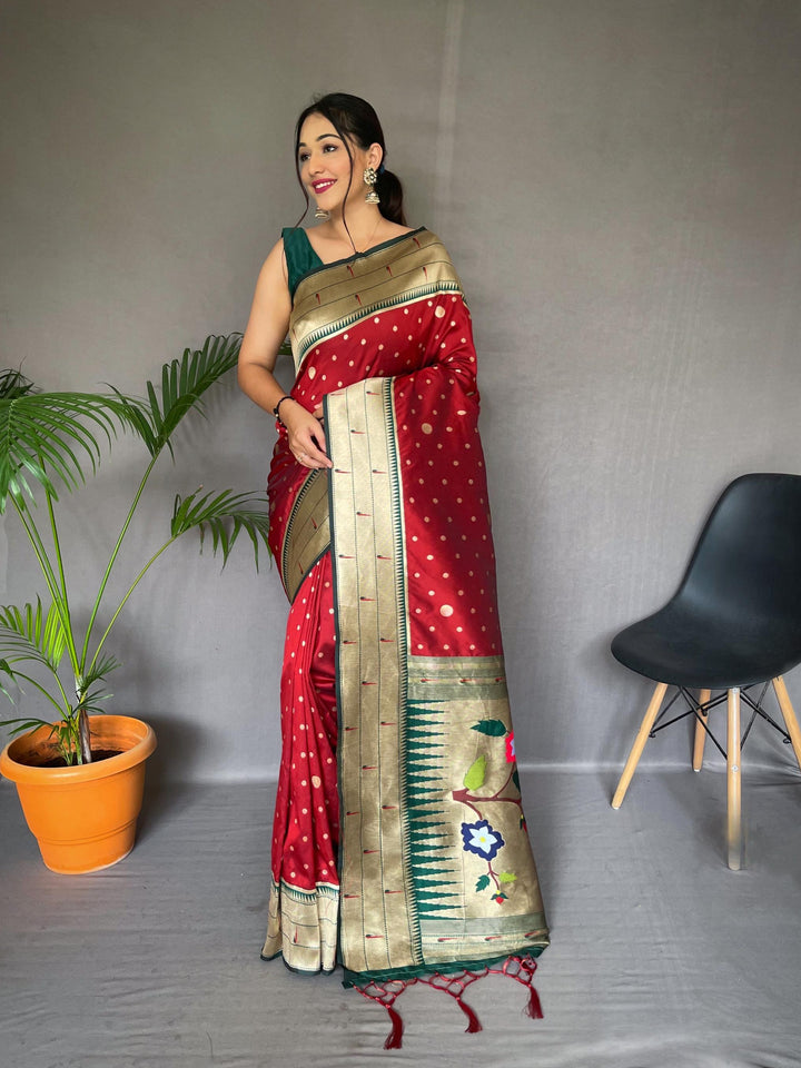 Bold Red Pure Paithani Silk Saree - PAHRAVA