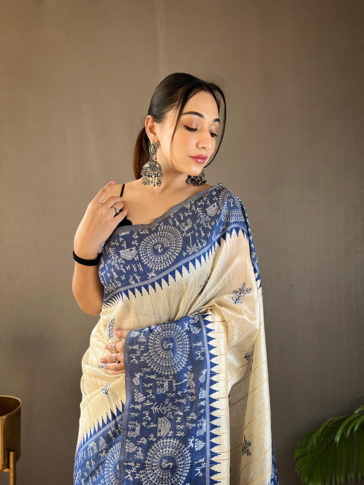 Offwhite with blue tussar silk saree - PAHRAVA