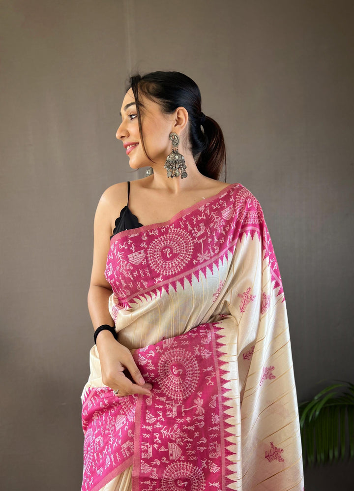 Offwhite with pink tussar silk saree - PAHRAVA