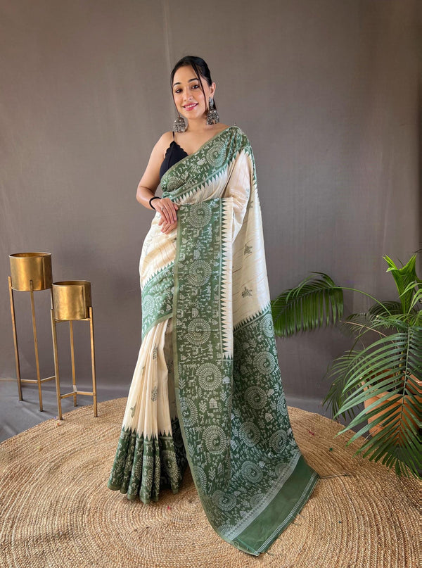 Offwhite with green tussar silk saree - PAHRAVA