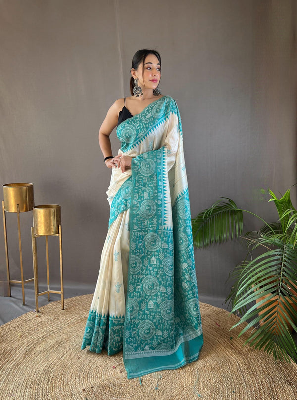 Offwhite with skyblue tussar silk saree - PAHRAVA