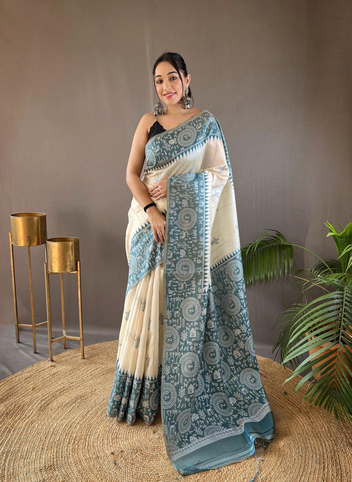 Offwhite with sea blue tussar silk saree - PAHRAVA