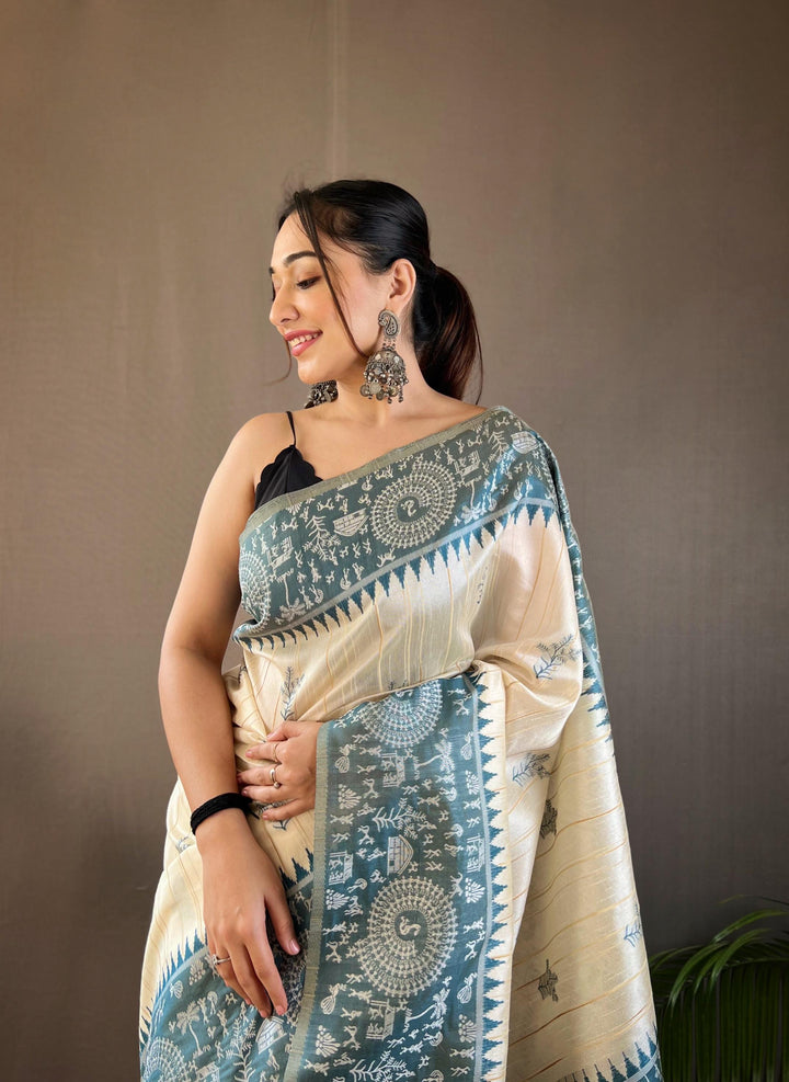 Offwhite with sea blue tussar silk saree - PAHRAVA