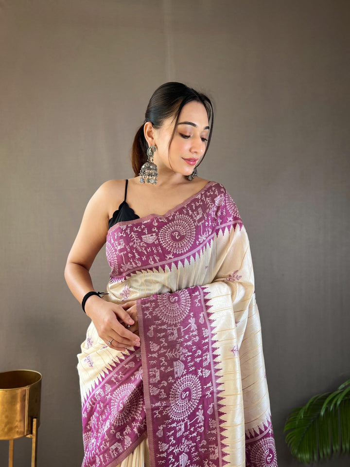 Offwhite with purple tussar silk saree - PAHRAVA