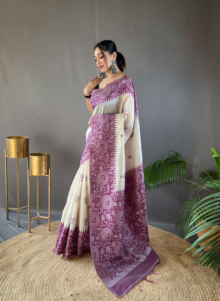 Offwhite with purple tussar silk saree - PAHRAVA