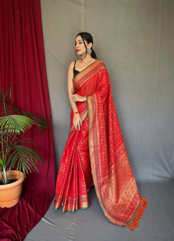 Rosy Red Patola Weaving Silk Saree - PAHRAVA