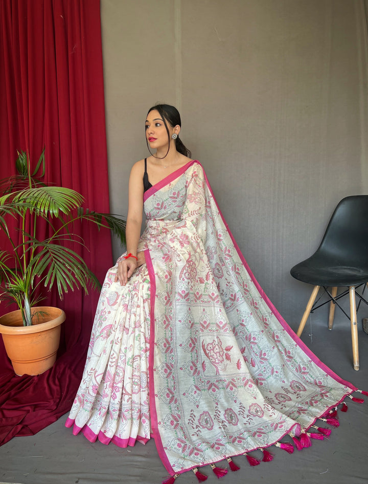 Classy white with Pink border Malai Cotton Saree - PAHRAVA