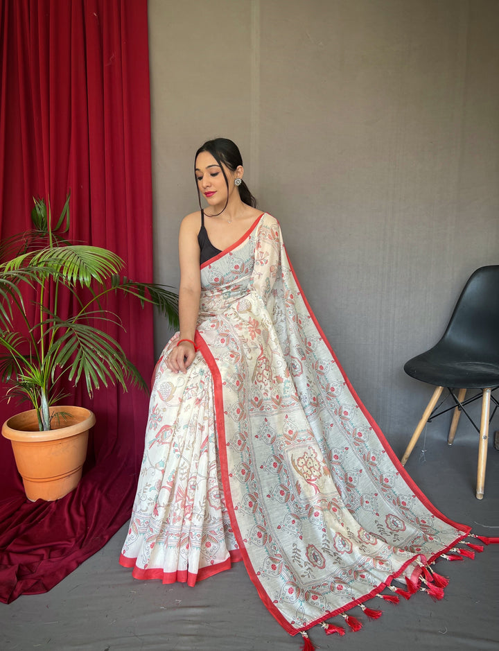 Classy white with Red border Malai Cotton Saree - PAHRAVA