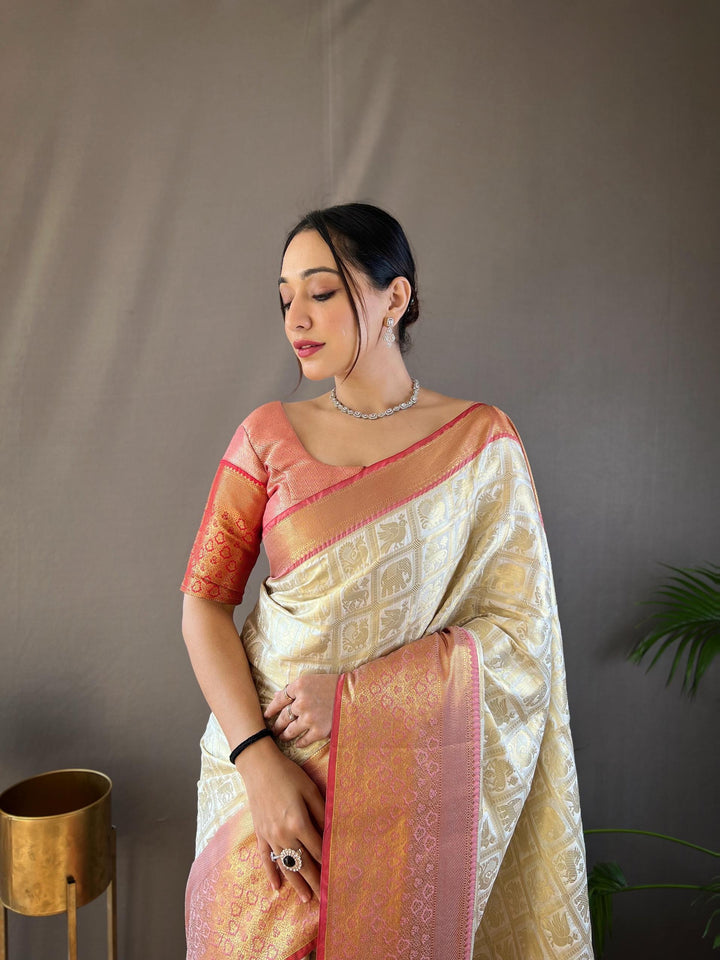 Off White With Orange Border Pattu Silk Saree - PAHRAVA