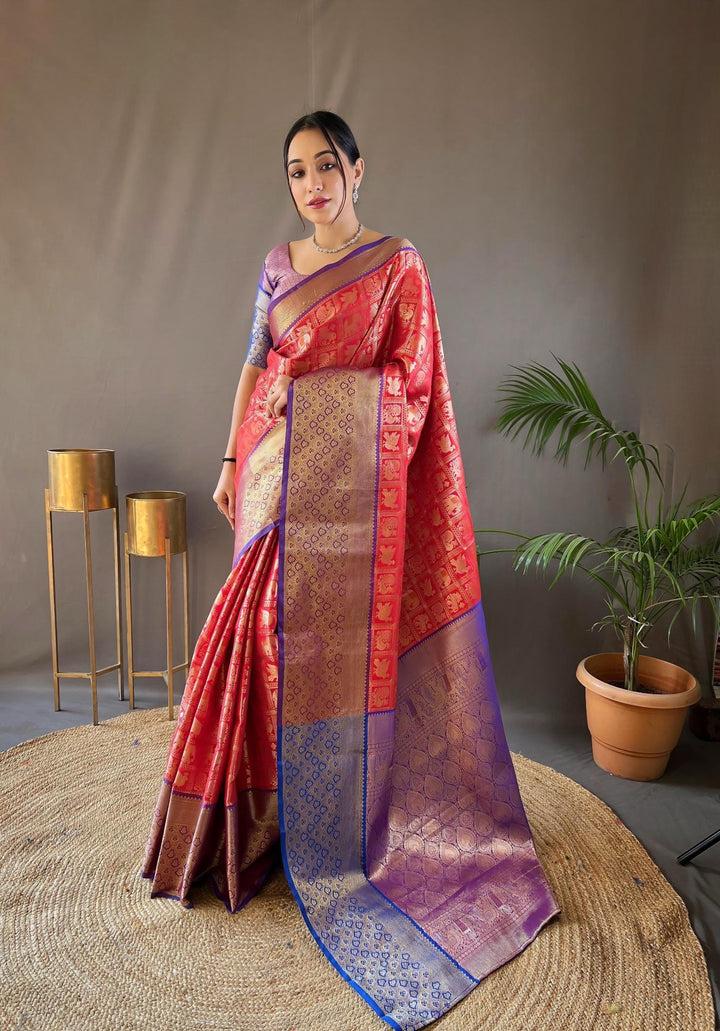 Red With Dark Blue Border Pattu Silk Saree - PAHRAVA