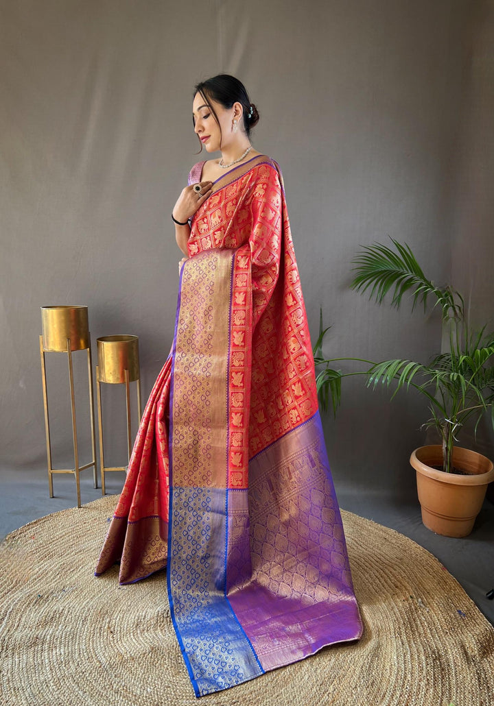 Red With Dark Blue Border Pattu Silk Saree - PAHRAVA