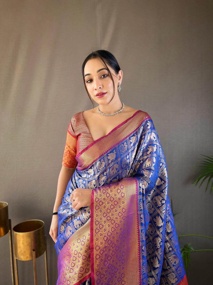 Navy Blue With Orange Border Pattu Silk Saree - PAHRAVA