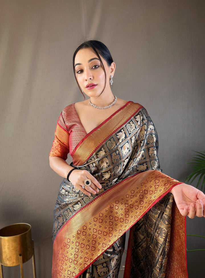 Black With Brown Border Pattu Silk Saree - PAHRAVA