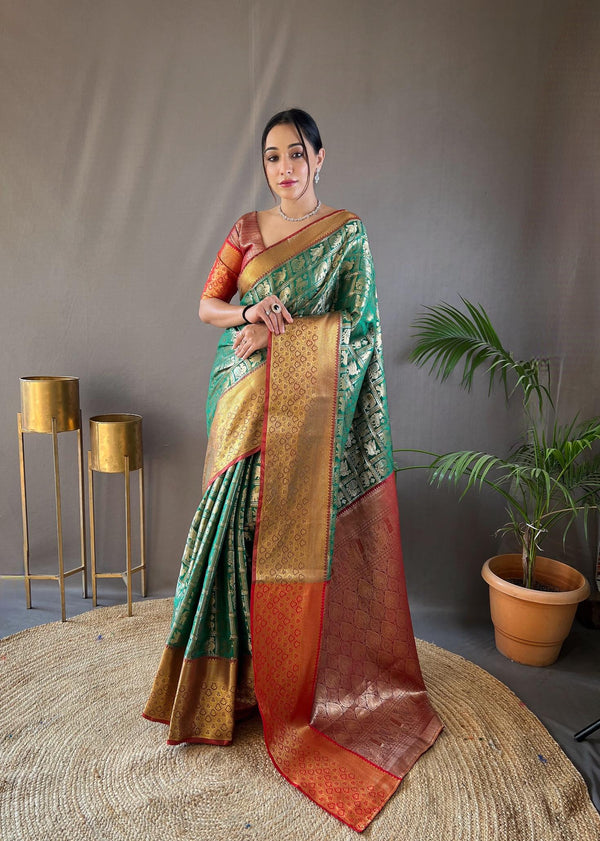 Green With Maroon Border Pattu Silk Saree - PAHRAVA