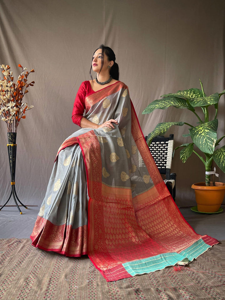 Saphire Grey Soft Linen Weaving Sarees - PAHRAVA