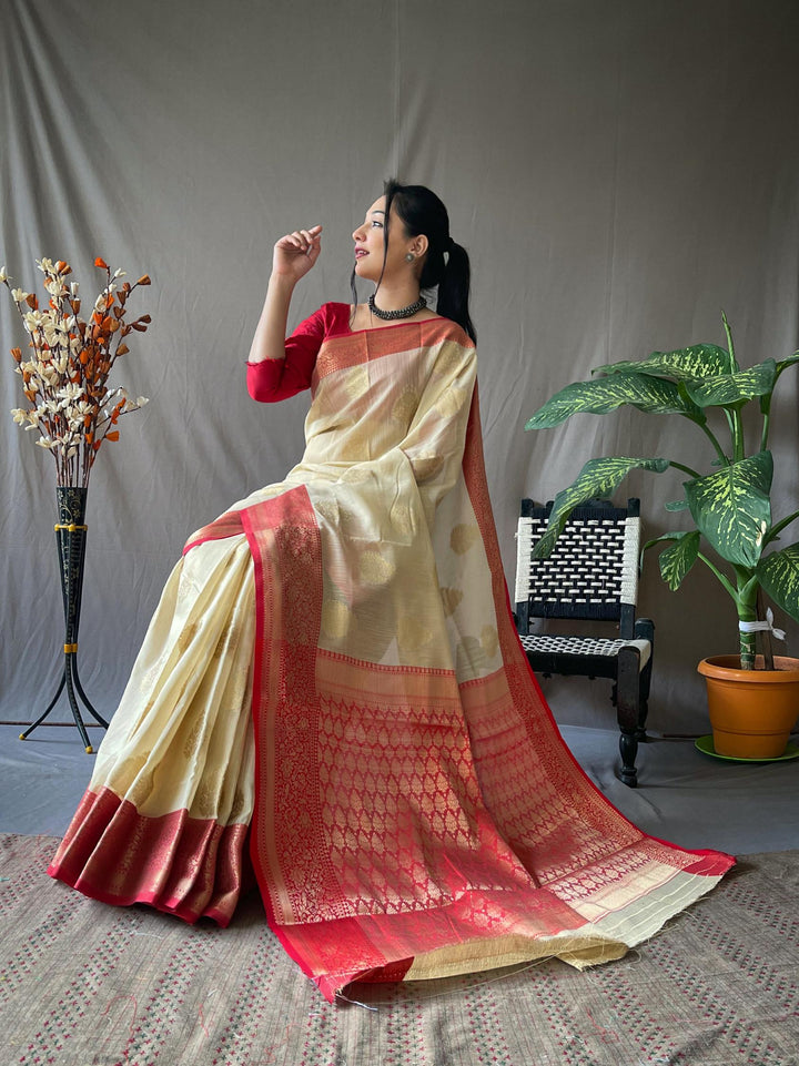 Off White Soft Linen Weaving Sarees - PAHRAVA