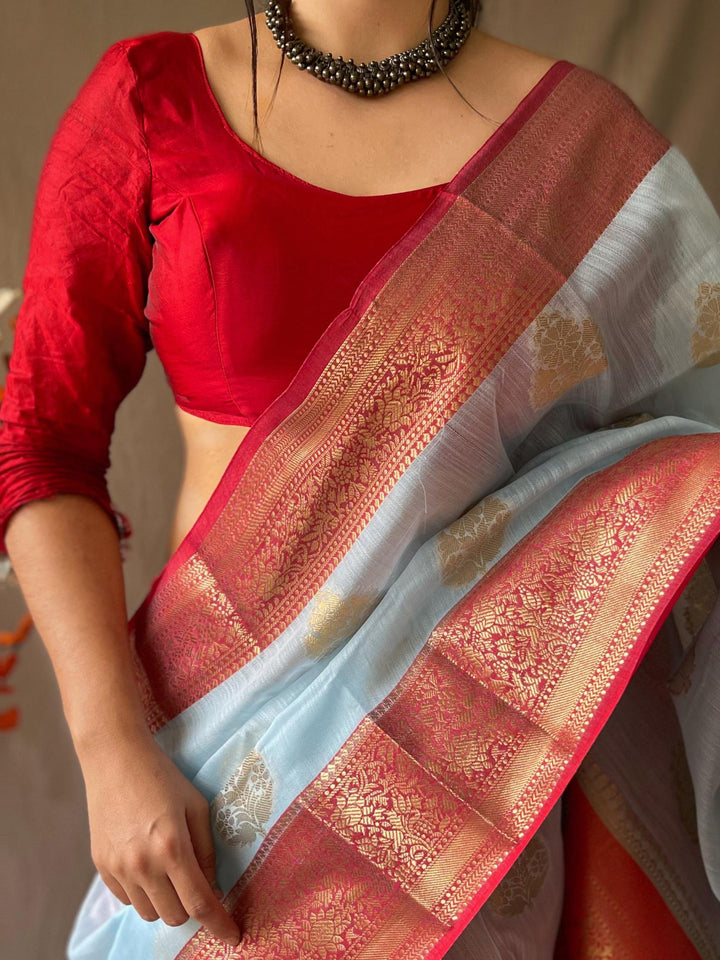 Light Blue Soft Linen Weaving Sarees - PAHRAVA