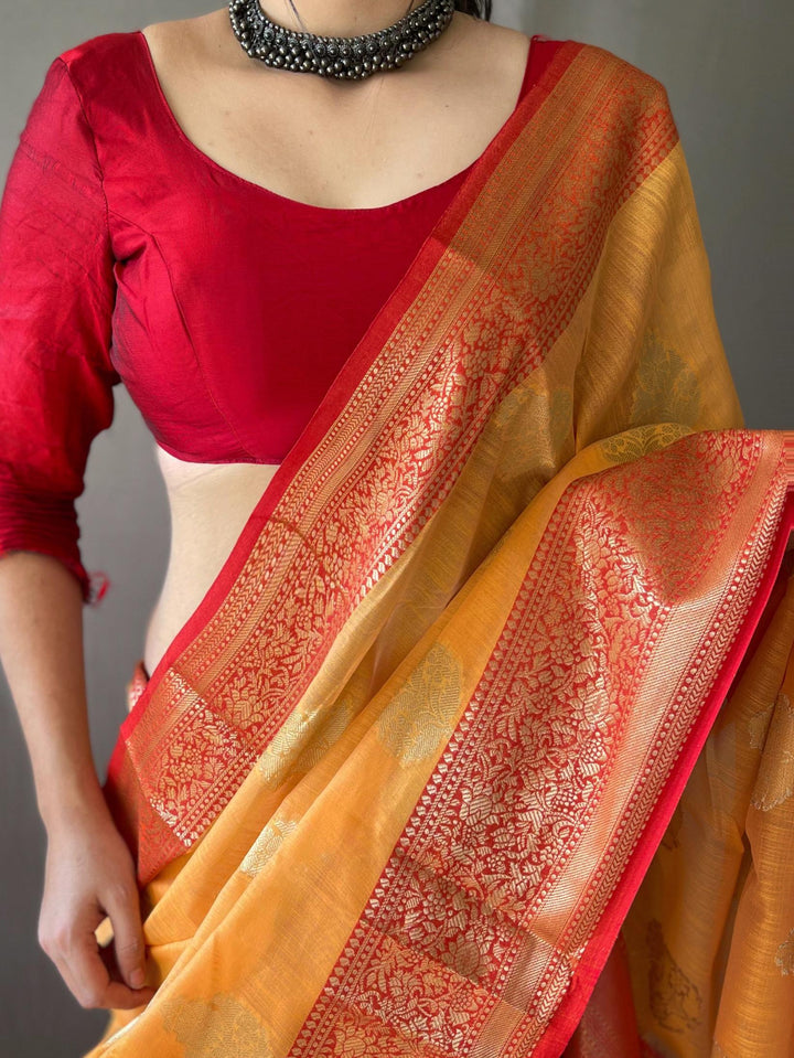 Warm Yellow Soft Linen Weaving Sarees - PAHRAVA