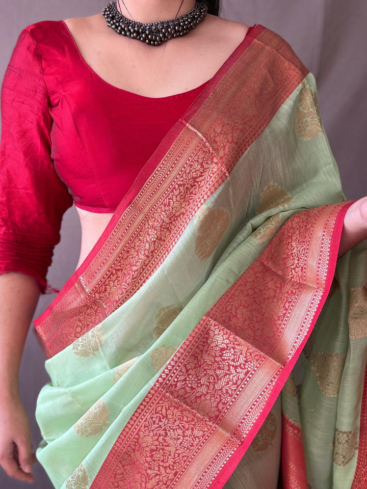 Pale Green Soft Linen Weaving Sarees - PAHRAVA