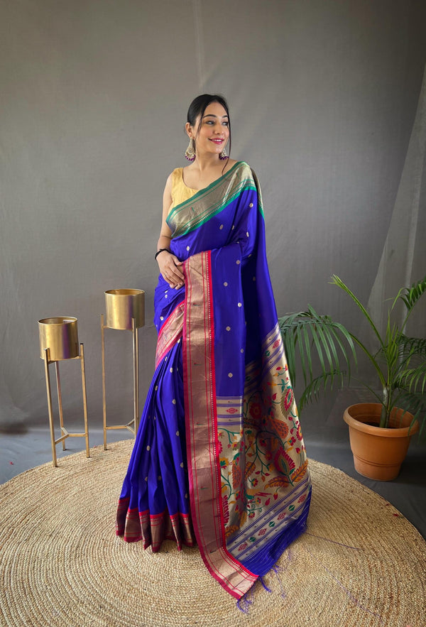 Navy Blue Ganga Jamuna Border Paithani Weave Saree - PAHRAVA