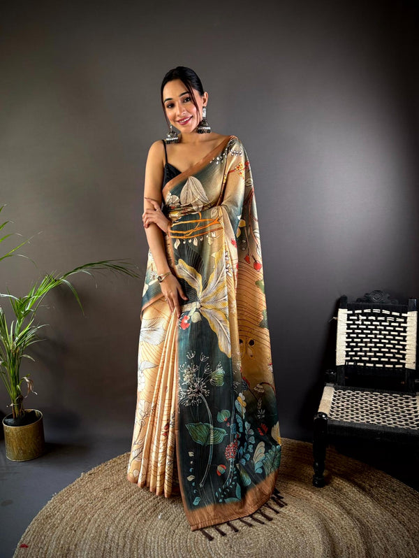 Cream With Green Semi Gold Zari Tussar Saree