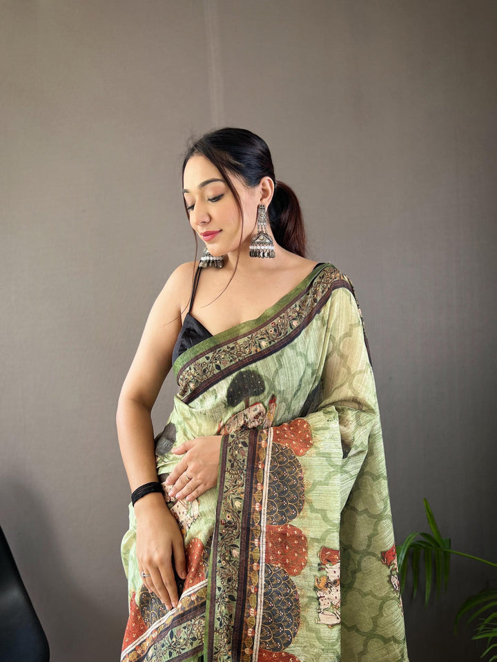 Light Green Cotton Tussar Silk Saree - PAHRAVA