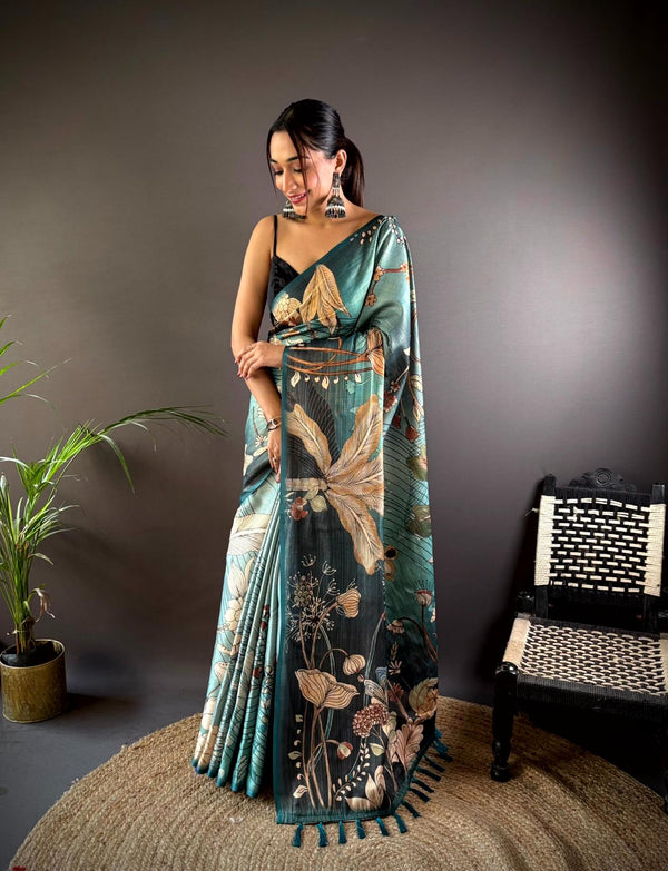 Shadow Green Semi Gold Zari Tussar Saree