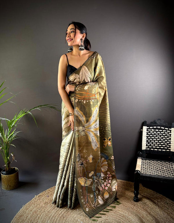 Light Brown Semi Gold Zari Tussar Saree