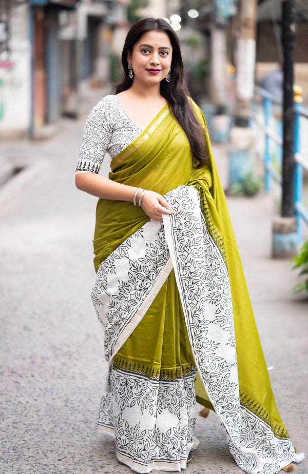 Olive Yellow Soft Chanderi Cotton Saree