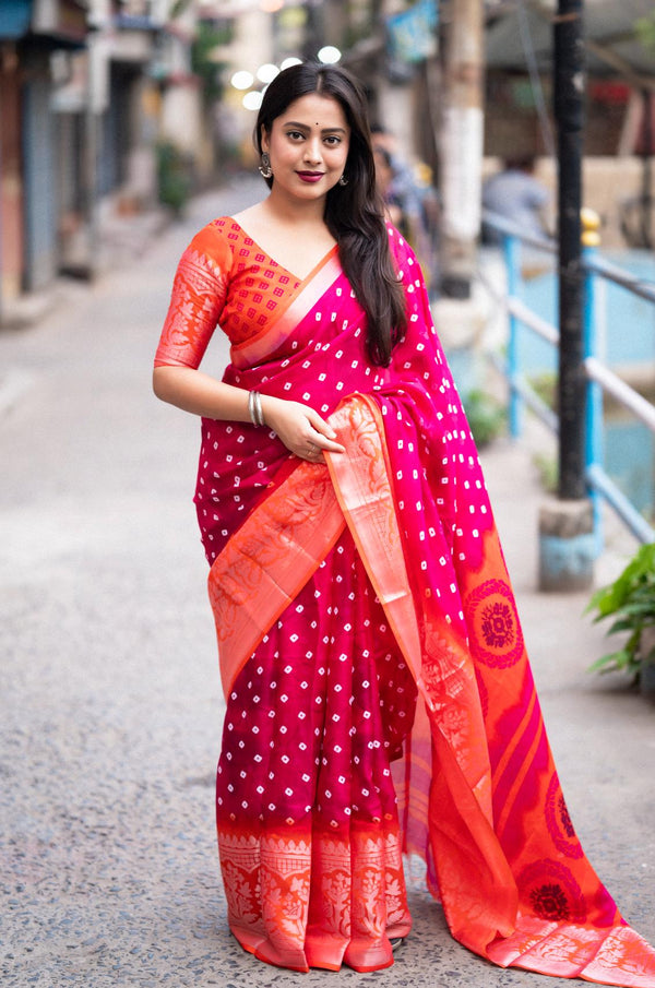 Pink With Orange Soft Jute Silk Saree.