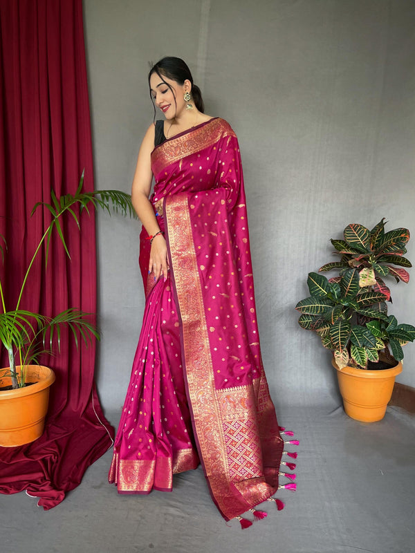 Royal Pink Pure Soft Silk Saree with Triple Zari Weaving - PAHRAVA