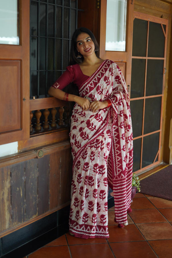 Pure White With Red Soft Chanderi Cotton Saree.