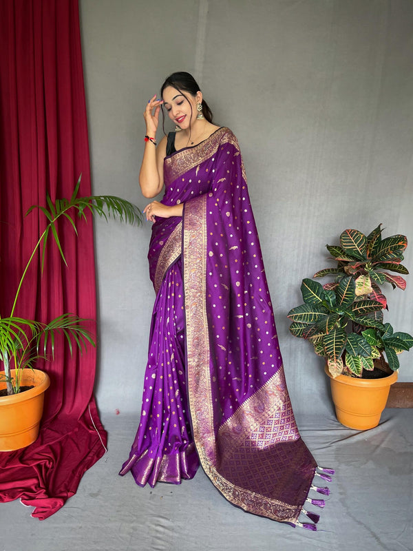 Deep Purple Pure Soft Silk Saree with Triple Zari Weaving - PAHRAVA