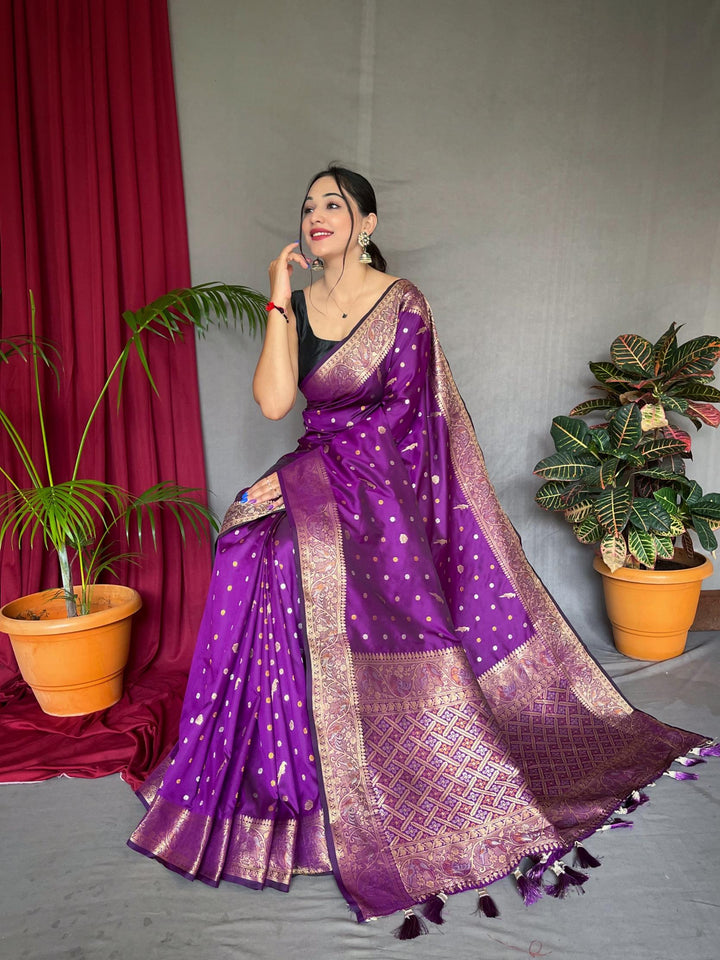 Deep Purple Pure Soft Silk Saree with Triple Zari Weaving - PAHRAVA